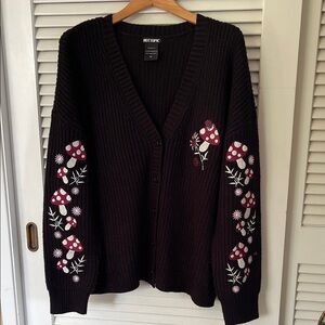 Hot Topic Black Sweater Cardigan with Red Mushroom Design